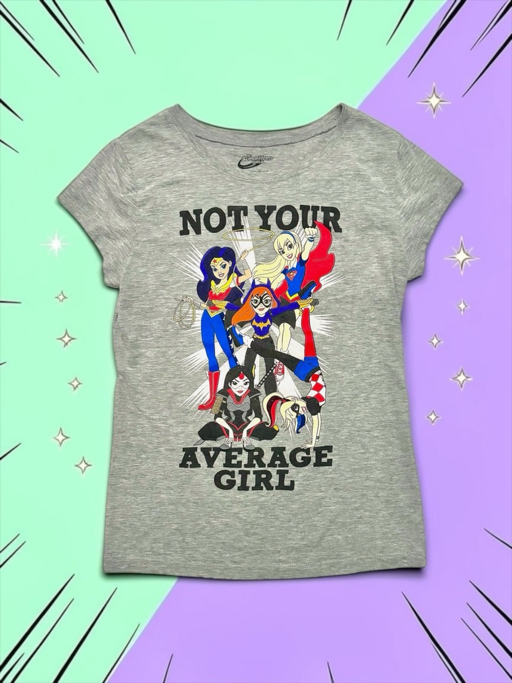 🩵 DC Super Hero Girls Tee “Not Your Average Girl” Graphic XL 14/16 EUC